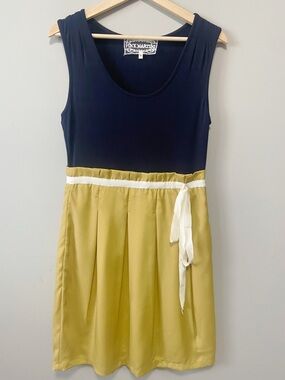 Pink Martini Navy and Mustard Colorblock Dress with White Waist Tie